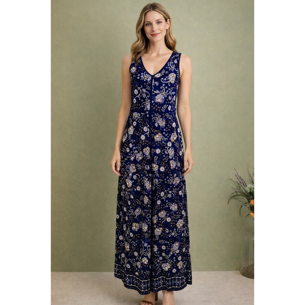 J. Jill Lupine Sleeveless Maxi Dress Women's Navy Blue Floral Print Size Small